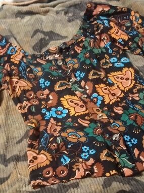 next Black Floral Crop Top with Teal & Coral Color Accents